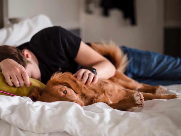 Man taking a nap with his dog