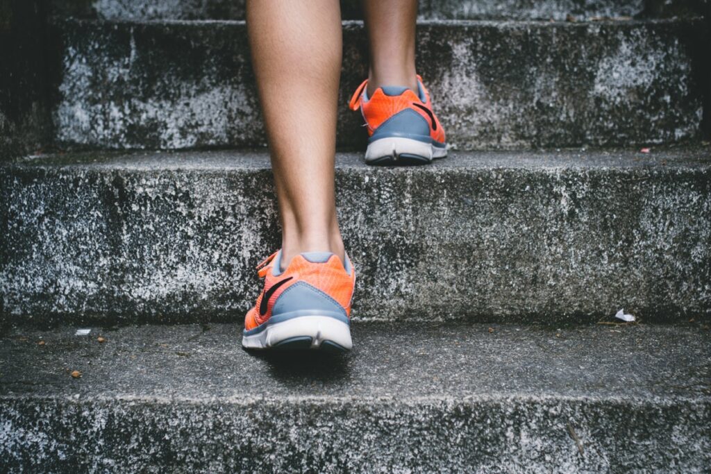 Walking upstairs as part of an exercise routine